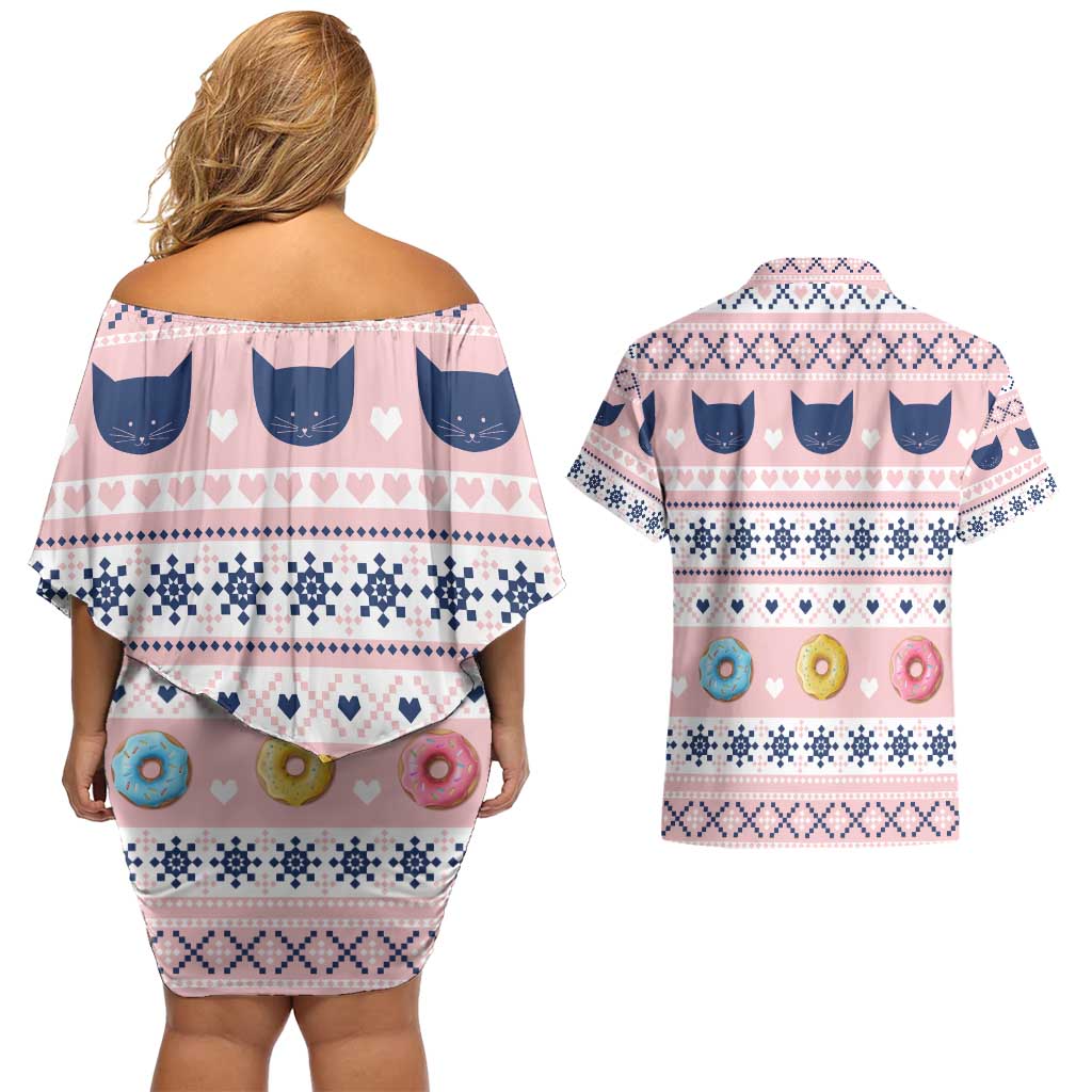Cat I Do It For Donuts Christmas Couples Matching Off Shoulder Short Dress and Hawaiian Shirt Xmas Holiday Patterns - Wonder Print Shop