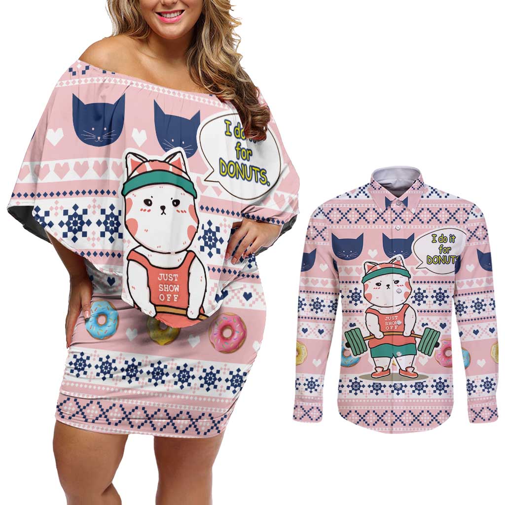 Cat I Do It For Donuts Christmas Couples Matching Off Shoulder Short Dress and Long Sleeve Button Shirt Xmas Holiday Patterns - Wonder Print Shop