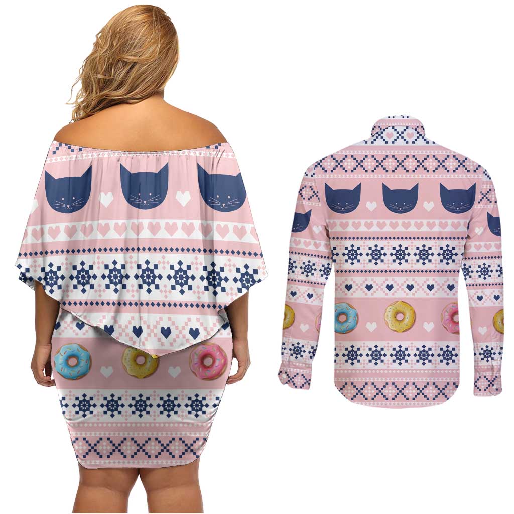 Cat I Do It For Donuts Christmas Couples Matching Off Shoulder Short Dress and Long Sleeve Button Shirt Xmas Holiday Patterns - Wonder Print Shop