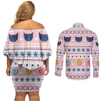 Cat I Do It For Donuts Christmas Couples Matching Off Shoulder Short Dress and Long Sleeve Button Shirt Xmas Holiday Patterns - Wonder Print Shop