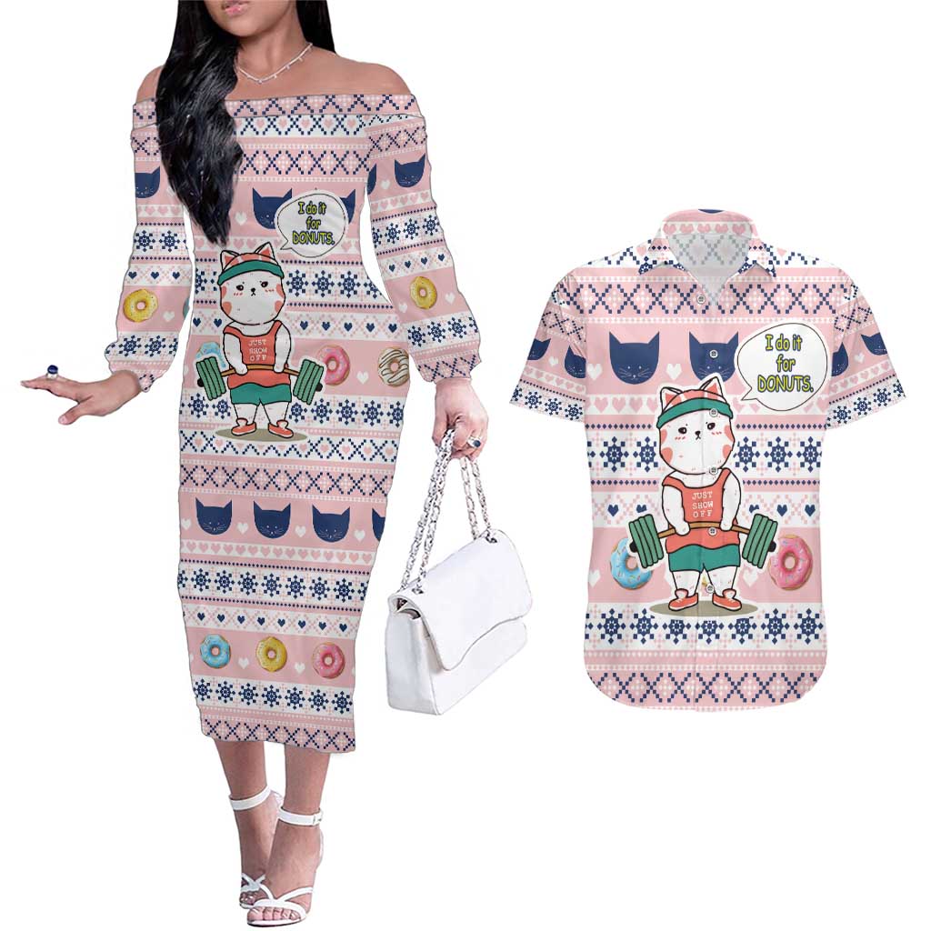 Cat I Do It For Donuts Christmas Couples Matching Off The Shoulder Long Sleeve Dress and Hawaiian Shirt Xmas Holiday Patterns - Wonder Print Shop