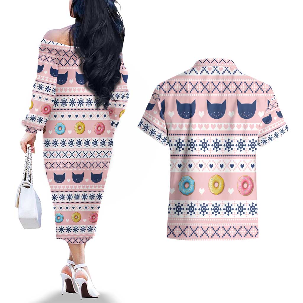 Cat I Do It For Donuts Christmas Couples Matching Off The Shoulder Long Sleeve Dress and Hawaiian Shirt Xmas Holiday Patterns - Wonder Print Shop