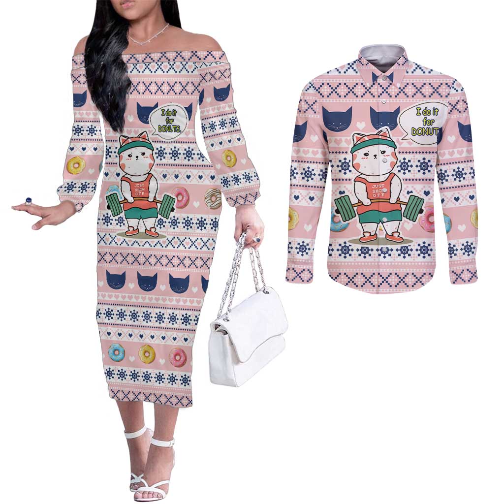 Cat I Do It For Donuts Christmas Couples Matching Off The Shoulder Long Sleeve Dress and Long Sleeve Button Shirt Xmas Holiday Patterns - Wonder Print Shop