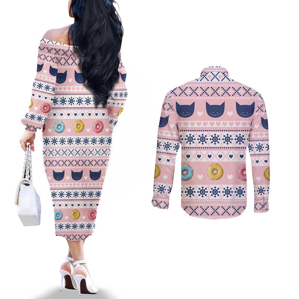 Cat I Do It For Donuts Christmas Couples Matching Off The Shoulder Long Sleeve Dress and Long Sleeve Button Shirt Xmas Holiday Patterns - Wonder Print Shop