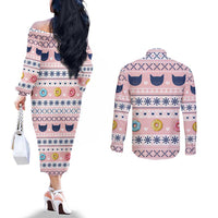 Cat I Do It For Donuts Christmas Couples Matching Off The Shoulder Long Sleeve Dress and Long Sleeve Button Shirt Xmas Holiday Patterns - Wonder Print Shop