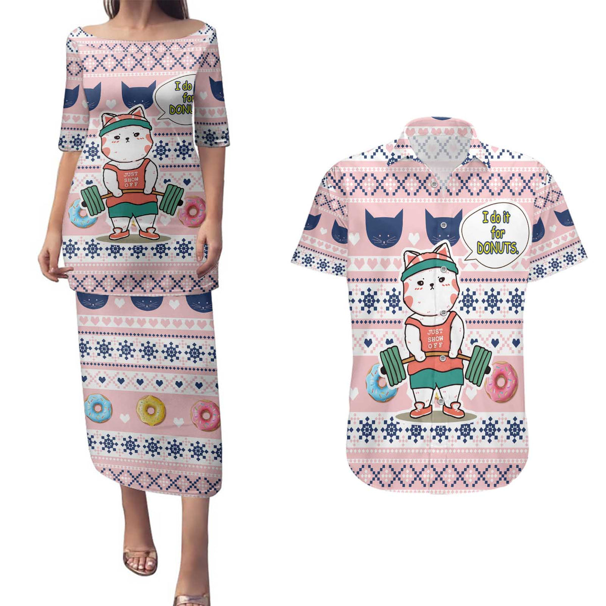 Cat I Do It For Donuts Christmas Couples Matching Puletasi and Hawaiian Shirt Xmas Holiday Patterns - Wonder Print Shop