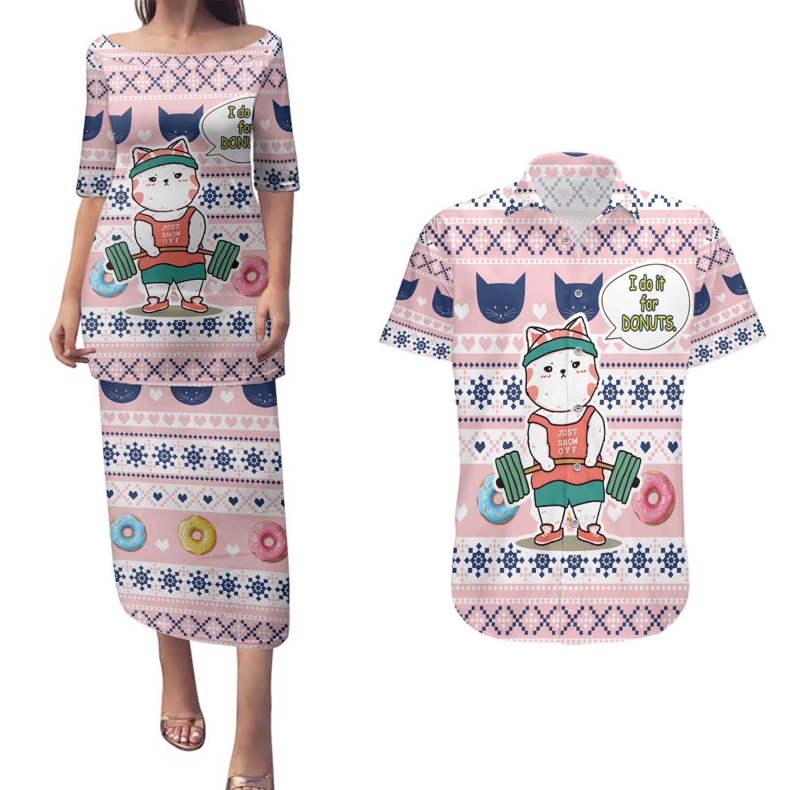Cat I Do It For Donuts Christmas Couples Matching Puletasi and Hawaiian Shirt Xmas Holiday Patterns - Wonder Print Shop