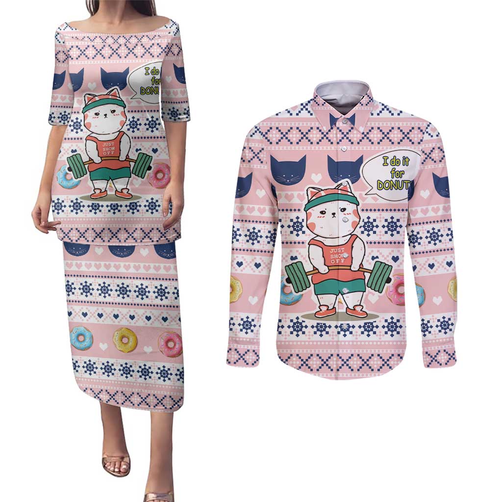 Cat I Do It For Donuts Christmas Couples Matching Puletasi and Long Sleeve Button Shirt Xmas Holiday Patterns - Wonder Print Shop