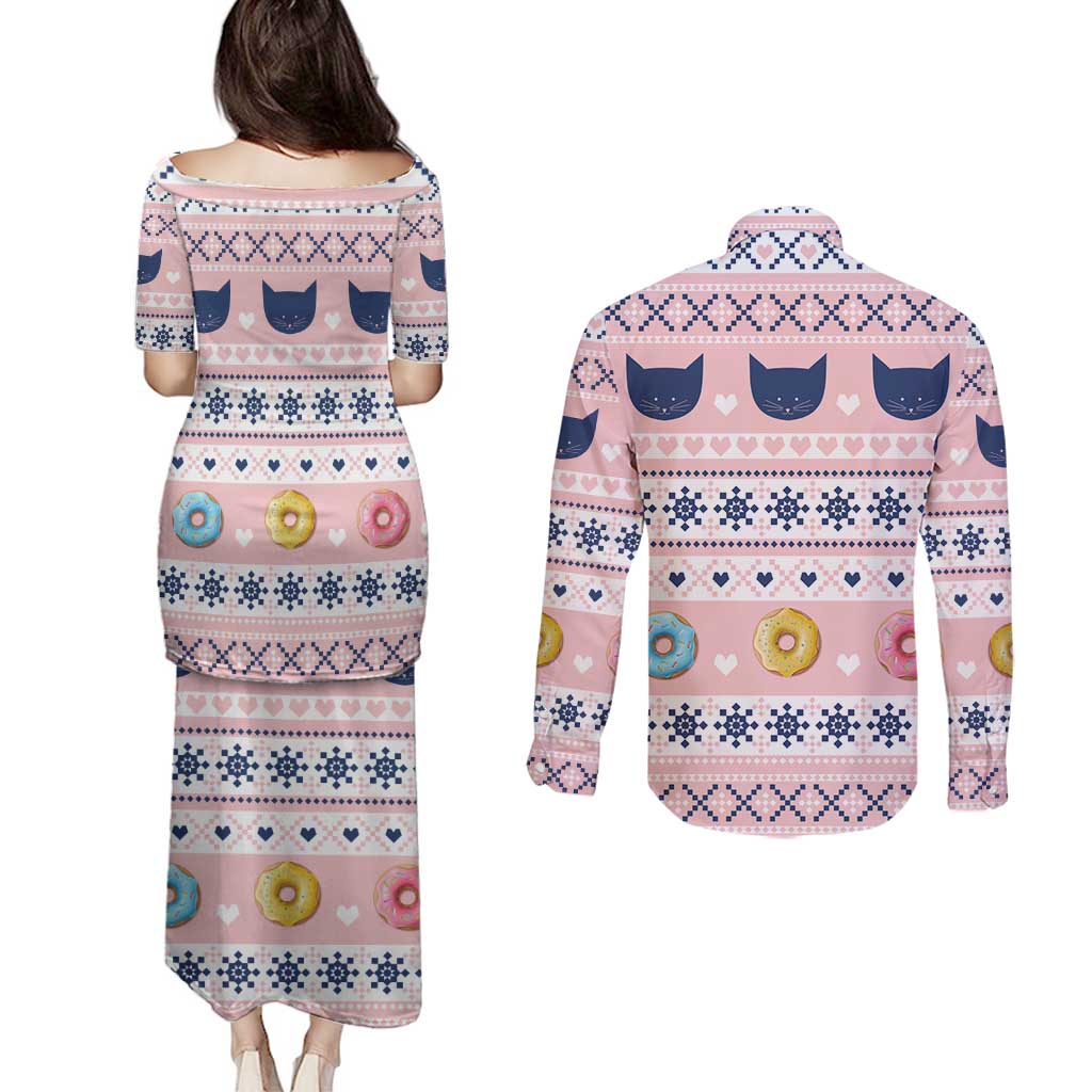 Cat I Do It For Donuts Christmas Couples Matching Puletasi and Long Sleeve Button Shirt Xmas Holiday Patterns - Wonder Print Shop
