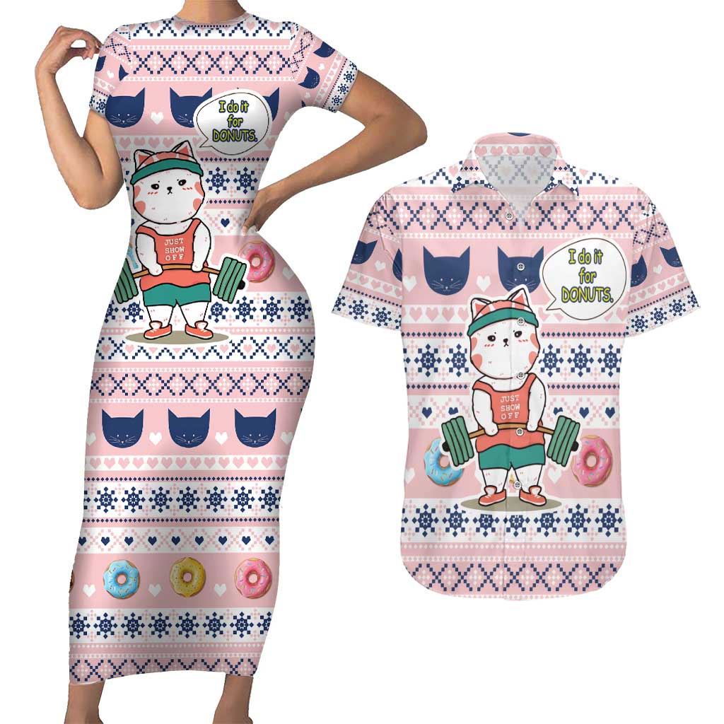 Cat I Do It For Donuts Christmas Couples Matching Short Sleeve Bodycon Dress and Hawaiian Shirt Xmas Holiday Patterns - Wonder Print Shop