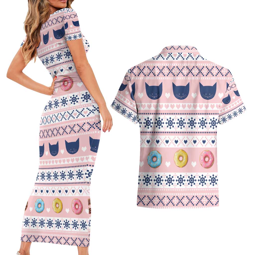 Cat I Do It For Donuts Christmas Couples Matching Short Sleeve Bodycon Dress and Hawaiian Shirt Xmas Holiday Patterns - Wonder Print Shop