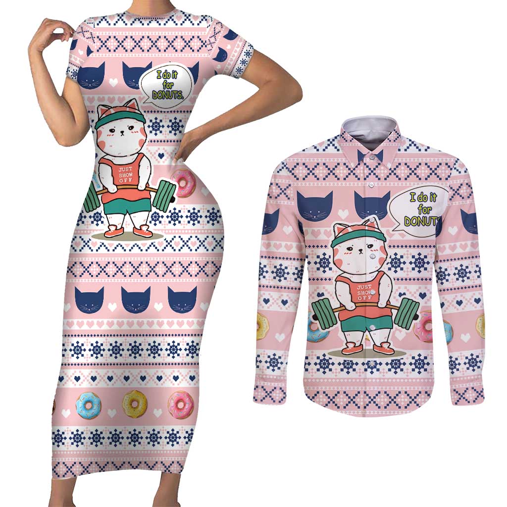 Cat I Do It For Donuts Christmas Couples Matching Short Sleeve Bodycon Dress and Long Sleeve Button Shirt Xmas Holiday Patterns - Wonder Print Shop