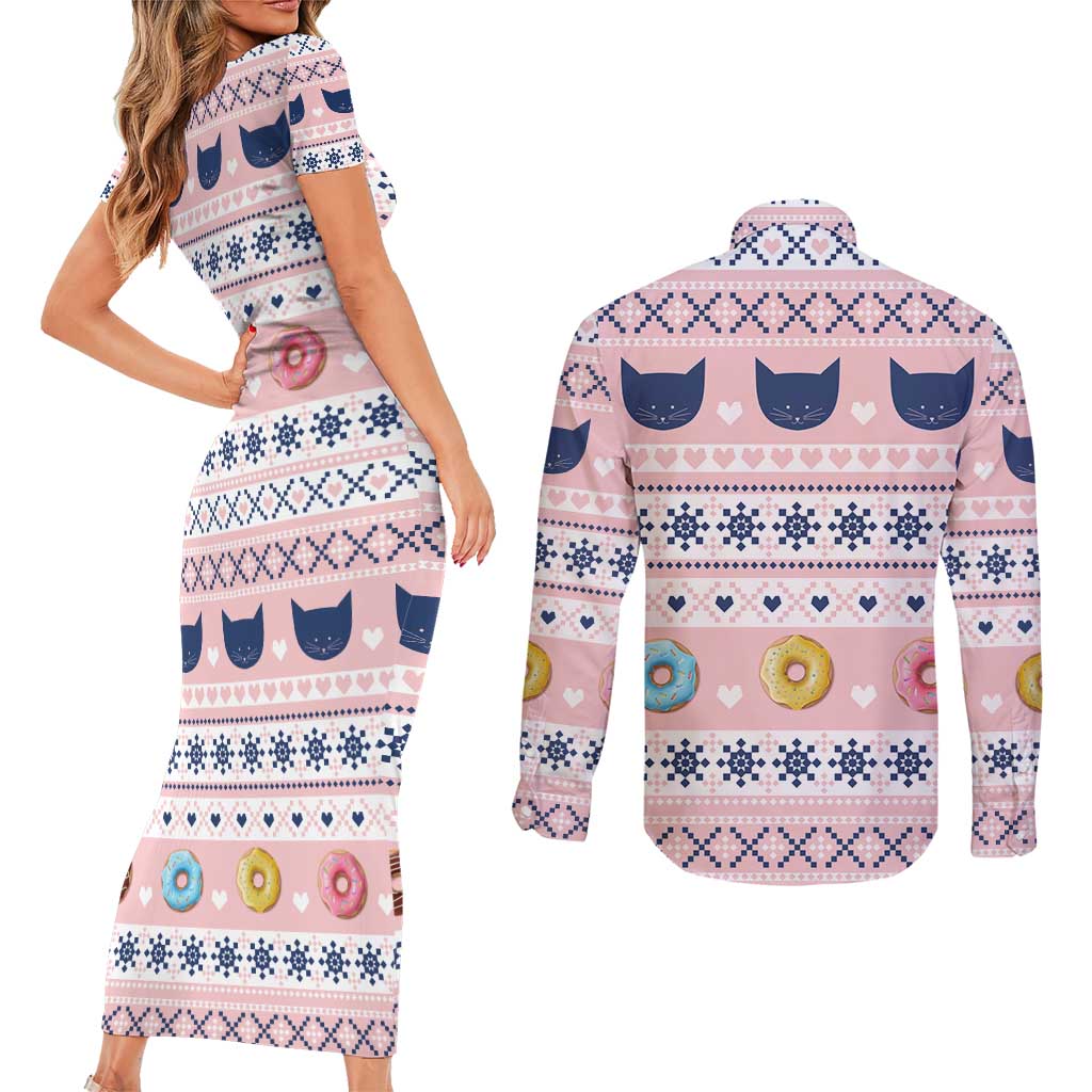 Cat I Do It For Donuts Christmas Couples Matching Short Sleeve Bodycon Dress and Long Sleeve Button Shirt Xmas Holiday Patterns - Wonder Print Shop
