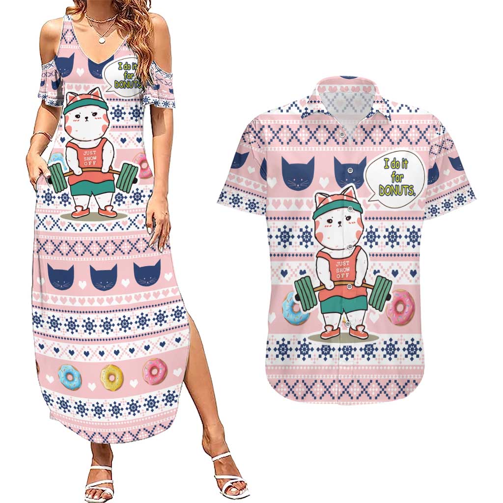 Cat I Do It For Donuts Christmas Couples Matching Summer Maxi Dress and Hawaiian Shirt Xmas Holiday Patterns - Wonder Print Shop