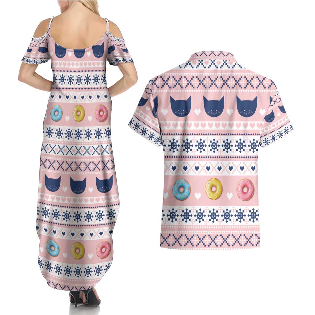Cat I Do It For Donuts Christmas Couples Matching Summer Maxi Dress and Hawaiian Shirt Xmas Holiday Patterns - Wonder Print Shop