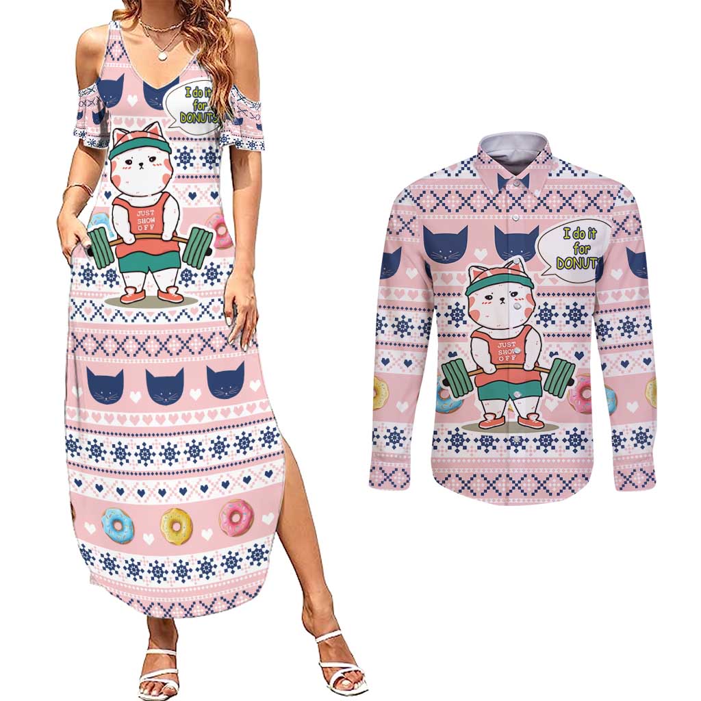 Cat I Do It For Donuts Christmas Couples Matching Summer Maxi Dress and Long Sleeve Button Shirt Xmas Holiday Patterns - Wonder Print Shop