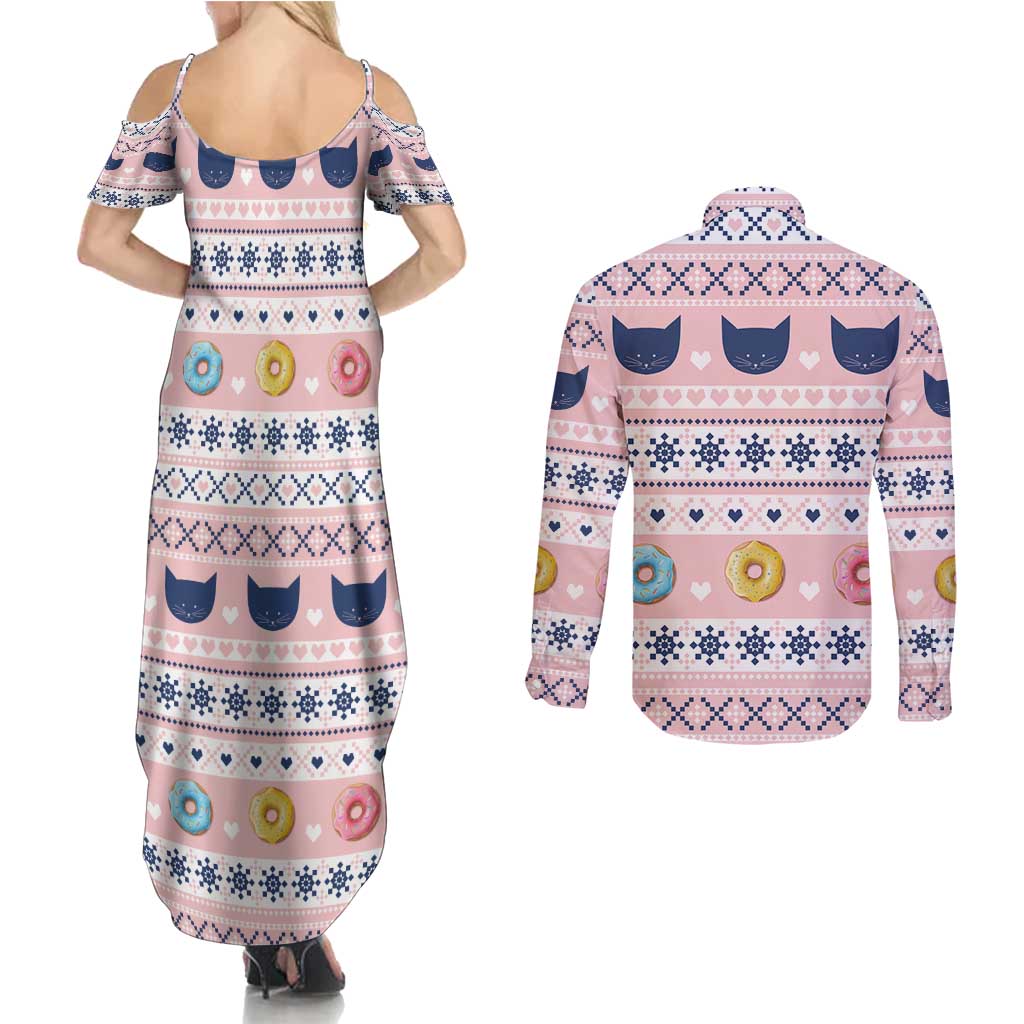 Cat I Do It For Donuts Christmas Couples Matching Summer Maxi Dress and Long Sleeve Button Shirt Xmas Holiday Patterns - Wonder Print Shop