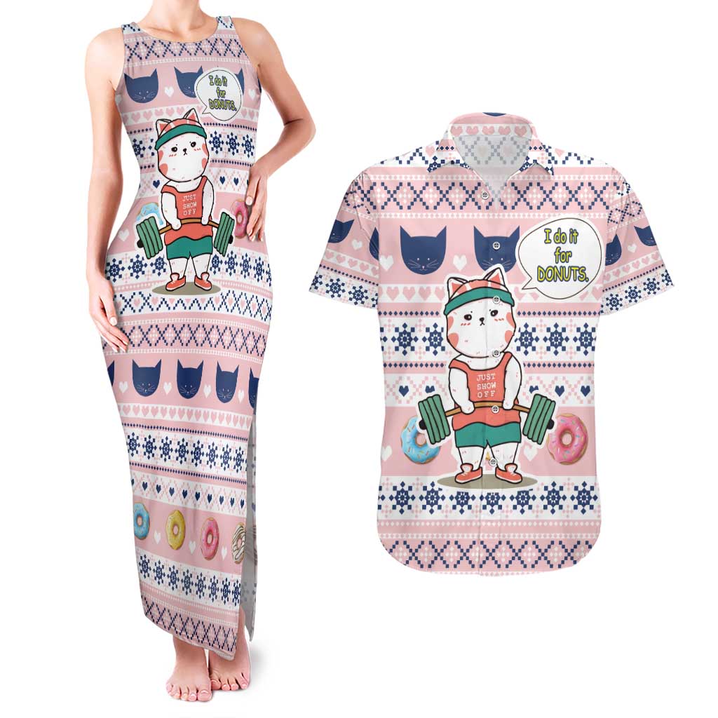 Cat I Do It For Donuts Christmas Couples Matching Tank Maxi Dress and Hawaiian Shirt Xmas Holiday Patterns - Wonder Print Shop