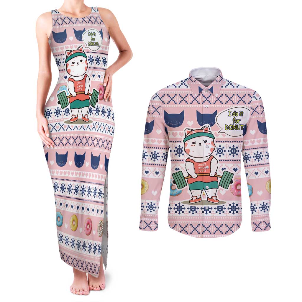 Cat I Do It For Donuts Christmas Couples Matching Tank Maxi Dress and Long Sleeve Button Shirt Xmas Holiday Patterns - Wonder Print Shop