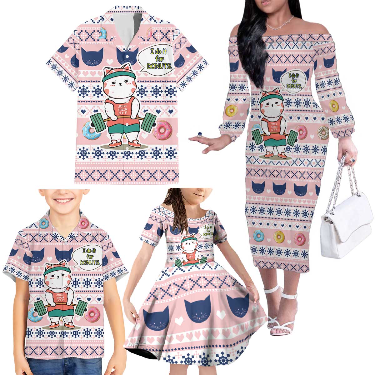 Cat I Do It For Donuts Christmas Family Matching Off The Shoulder Long Sleeve Dress and Hawaiian Shirt Xmas Holiday Patterns - Wonder Print Shop