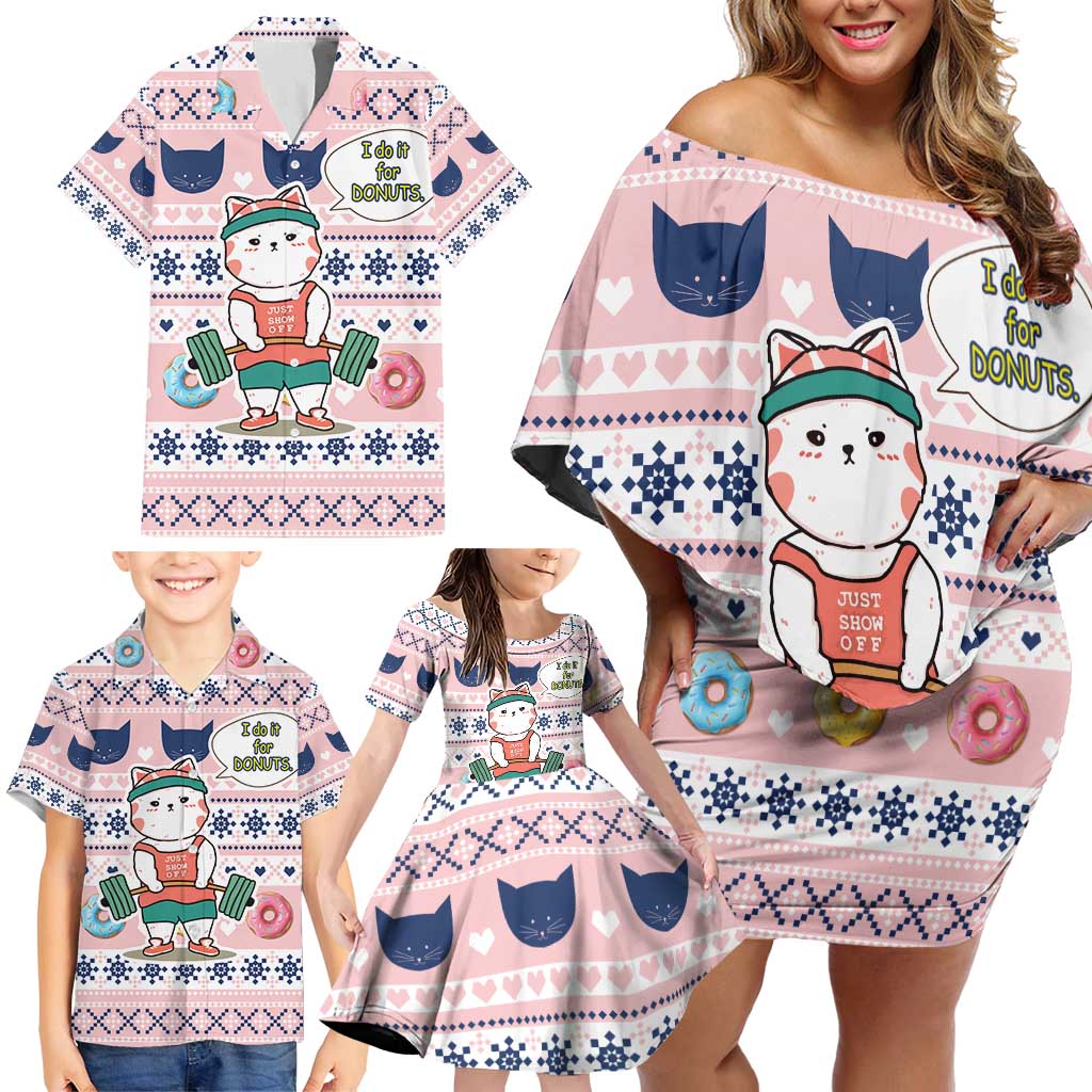 Cat I Do It For Donuts Christmas Family Matching Off Shoulder Short Dress and Hawaiian Shirt Xmas Holiday Patterns - Wonder Print Shop