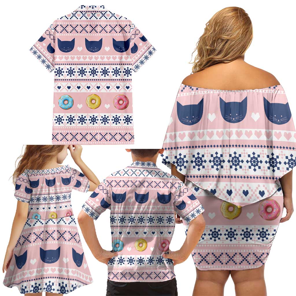 Cat I Do It For Donuts Christmas Family Matching Off Shoulder Short Dress and Hawaiian Shirt Xmas Holiday Patterns - Wonder Print Shop