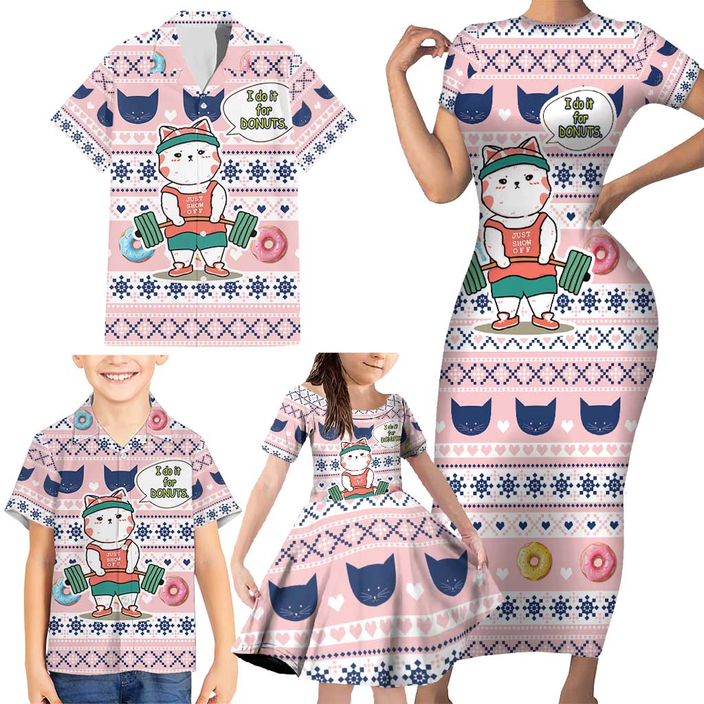 Cat I Do It For Donuts Christmas Family Matching Short Sleeve Bodycon Dress and Hawaiian Shirt Xmas Holiday Patterns - Wonder Print Shop