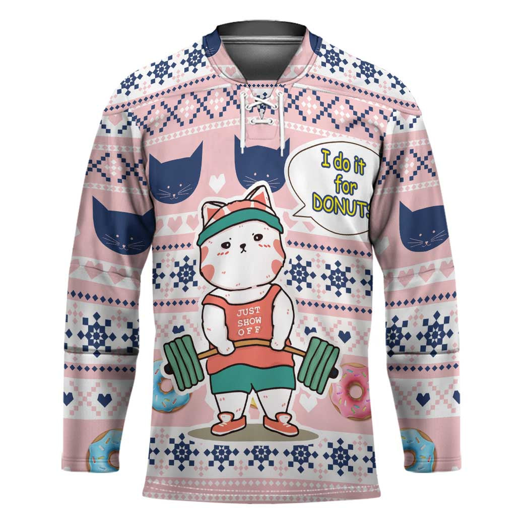 Cat I Do It For Donuts Christmas Hockey Jersey Xmas Holiday Patterns - Wonder Print Shop
