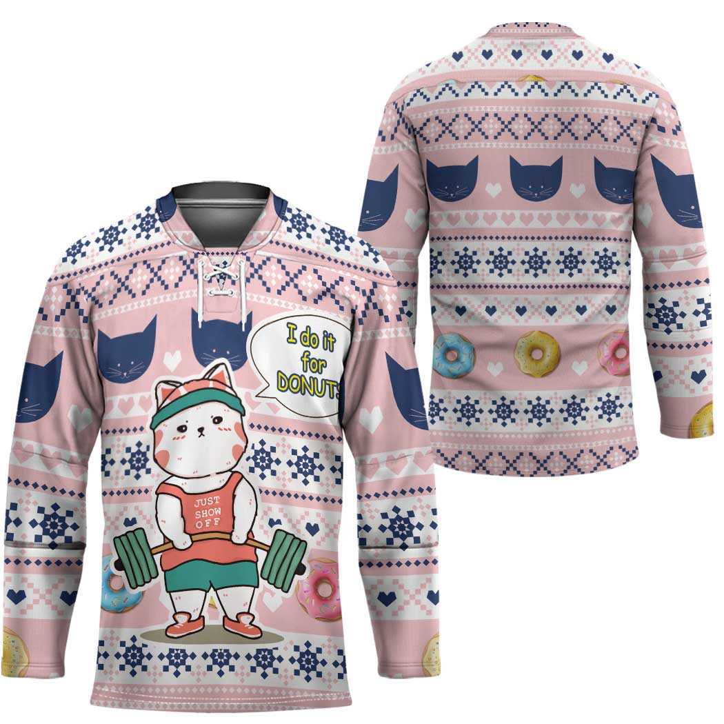 Cat I Do It For Donuts Christmas Hockey Jersey Xmas Holiday Patterns - Wonder Print Shop
