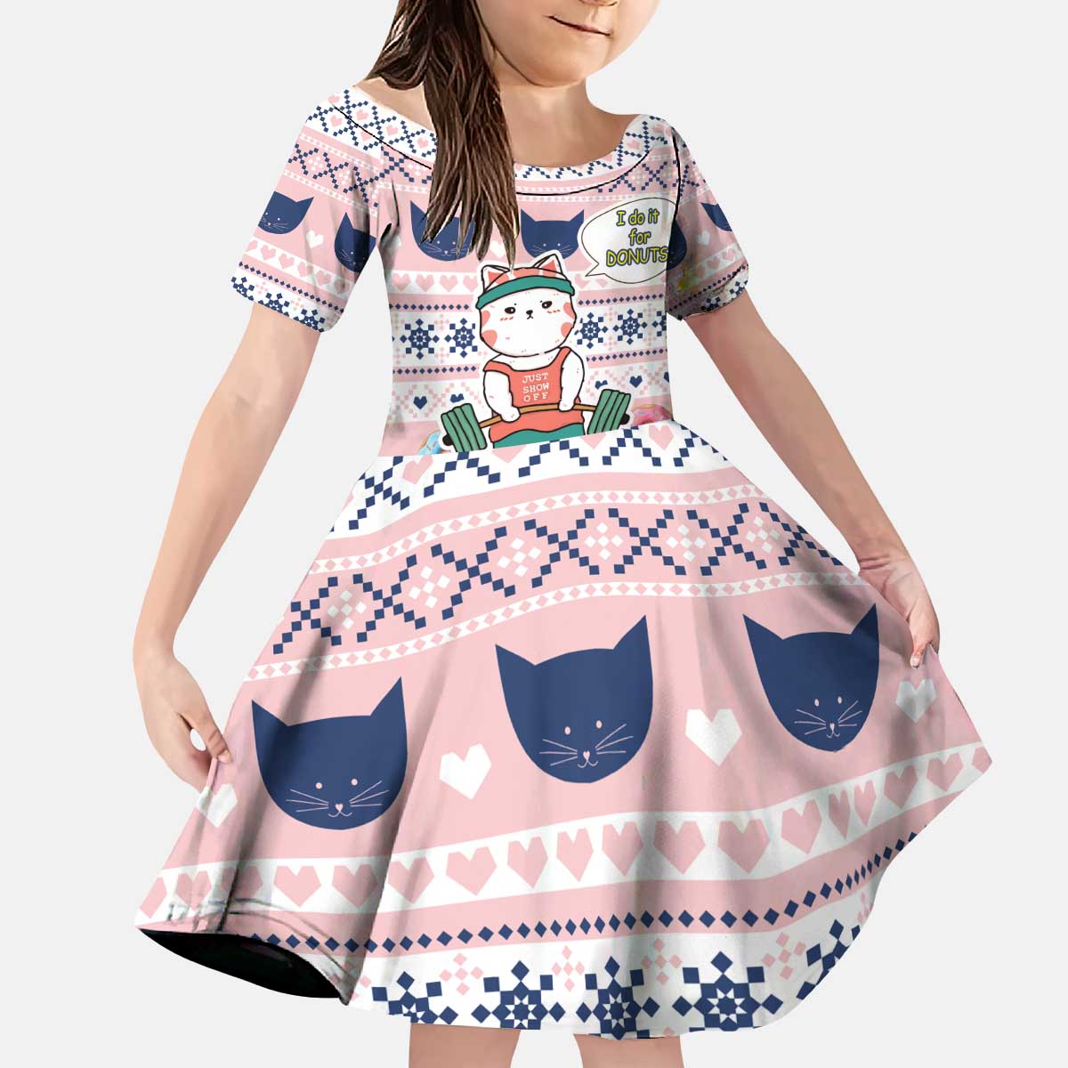Cat I Do It For Donuts Christmas Kid Short Sleeve Dress Xmas Holiday Patterns - Wonder Print Shop