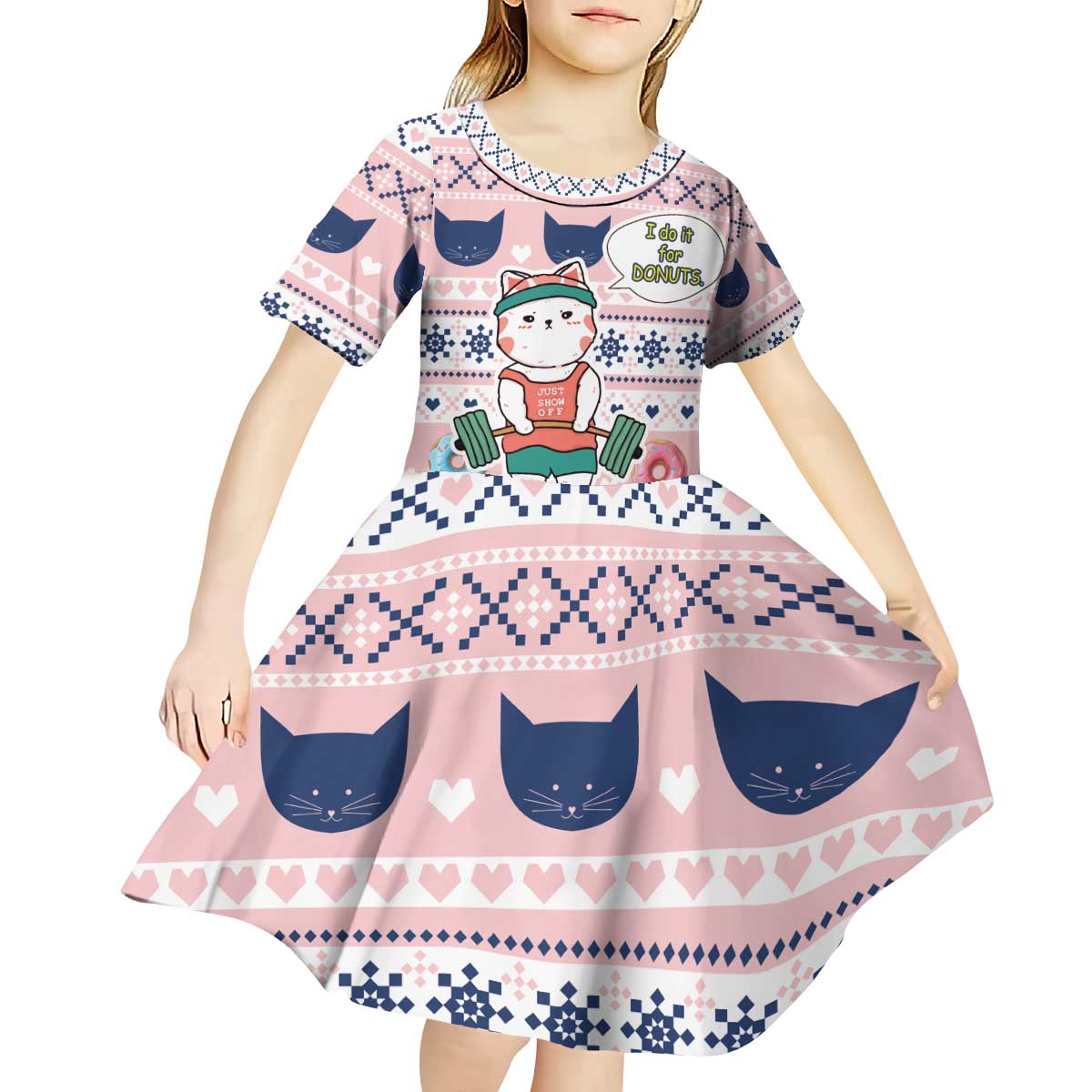 Cat I Do It For Donuts Christmas Kid Short Sleeve Dress Xmas Holiday Patterns - Wonder Print Shop