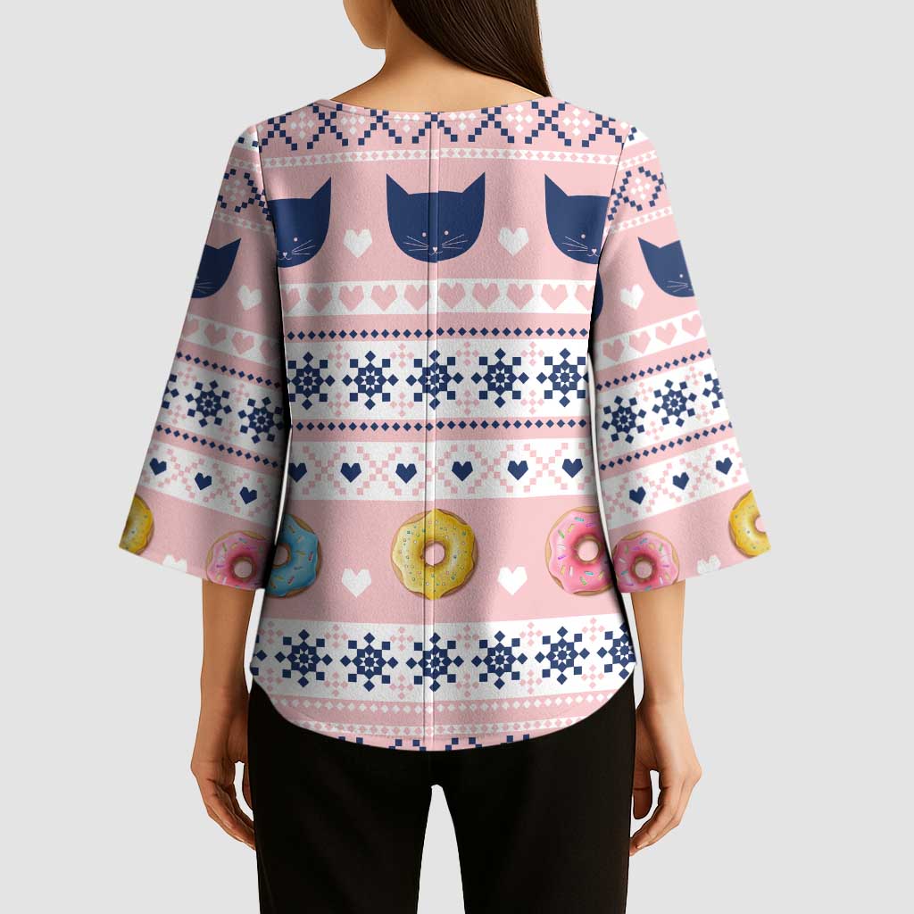Cat I Do It For Donuts Christmas Kimono Sleeve Blouse Xmas Holiday Patterns - Wonder Print Shop
