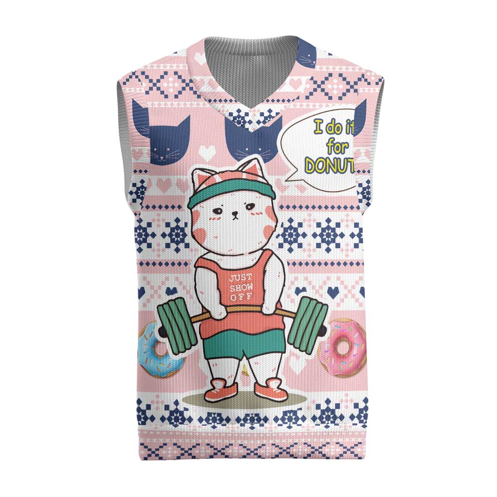 Cat I Do It For Donuts Christmas Knitted V-Neck Vest Xmas Holiday Patterns - Wonder Print Shop