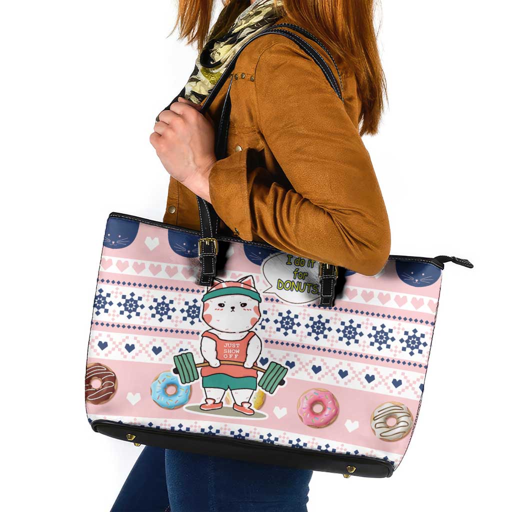 Cat I Do It For Donuts Christmas Leather Tote Bag Xmas Holiday Patterns - Wonder Print Shop