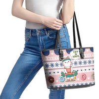 Cat I Do It For Donuts Christmas Leather Tote Bag Xmas Holiday Patterns - Wonder Print Shop