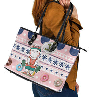 Cat I Do It For Donuts Christmas Leather Tote Bag Xmas Holiday Patterns - Wonder Print Shop