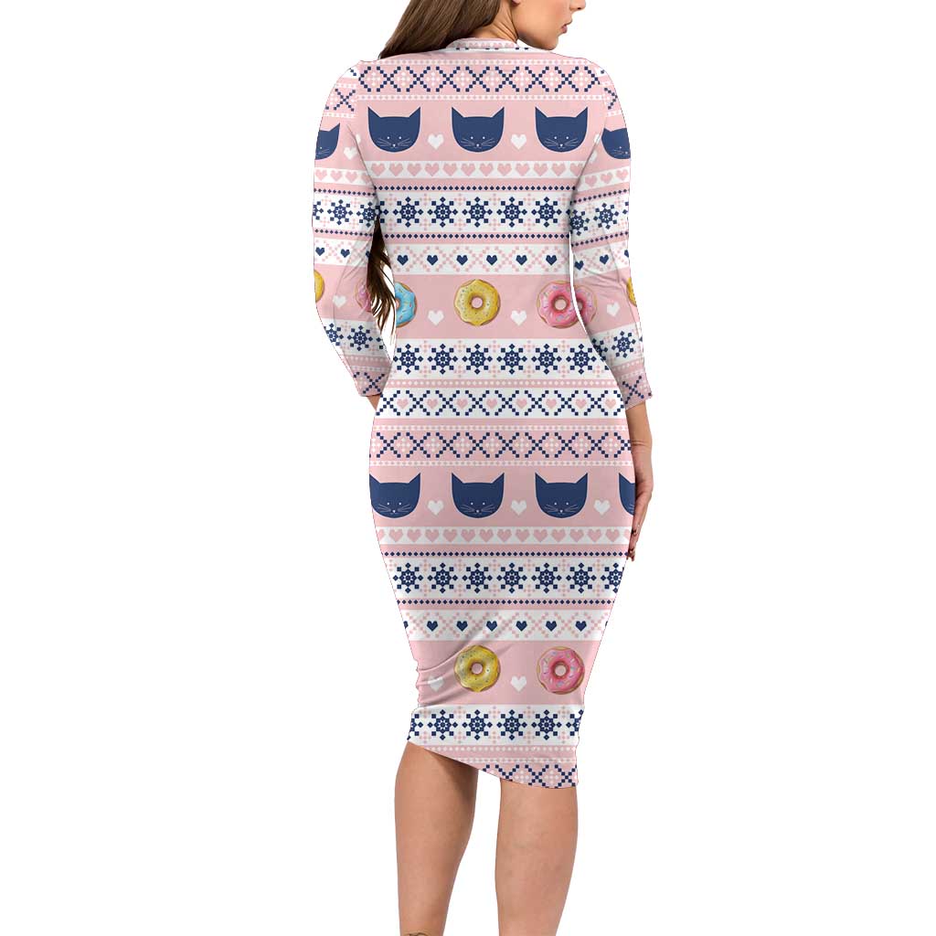 Cat I Do It For Donuts Christmas Long Sleeve Bodycon Dress Xmas Holiday Patterns - Wonder Print Shop