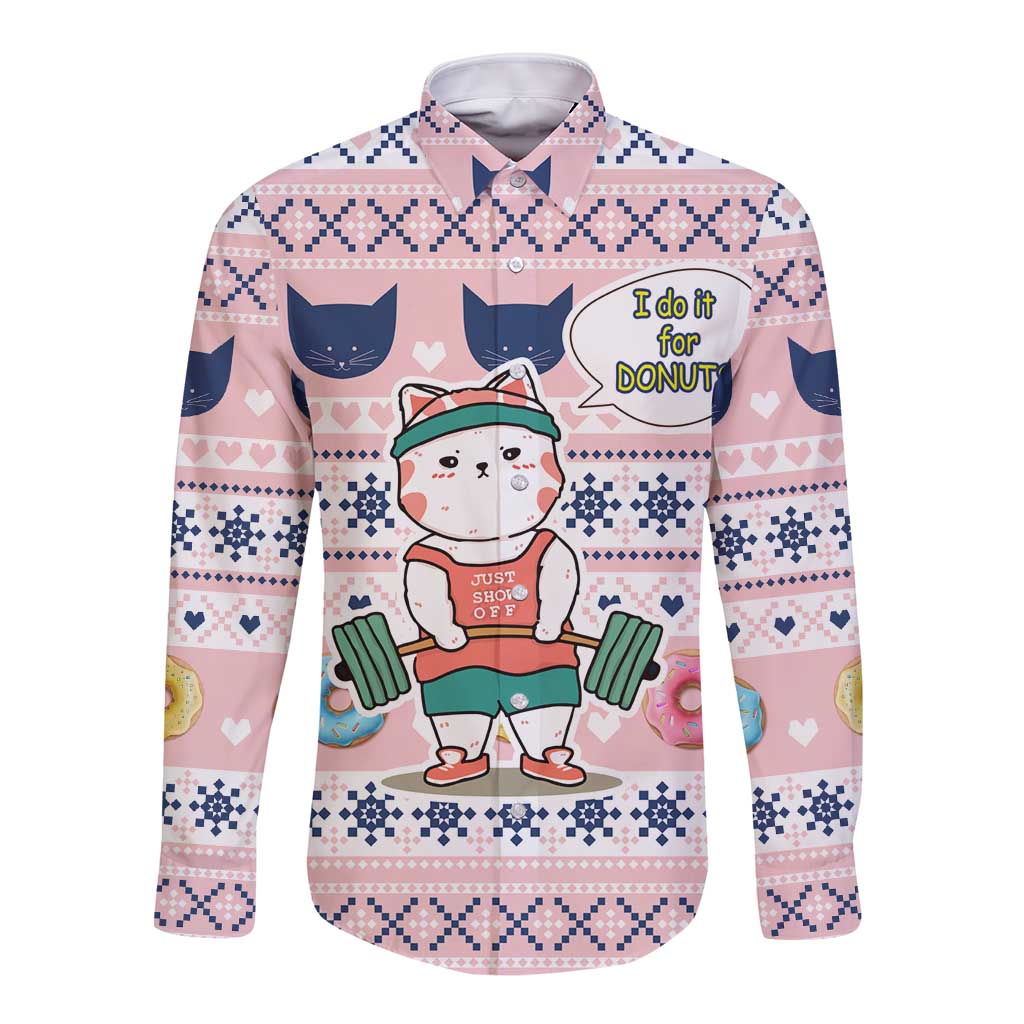 Cat I Do It For Donuts Christmas Long Sleeve Button Shirt Xmas Holiday Patterns - Wonder Print Shop