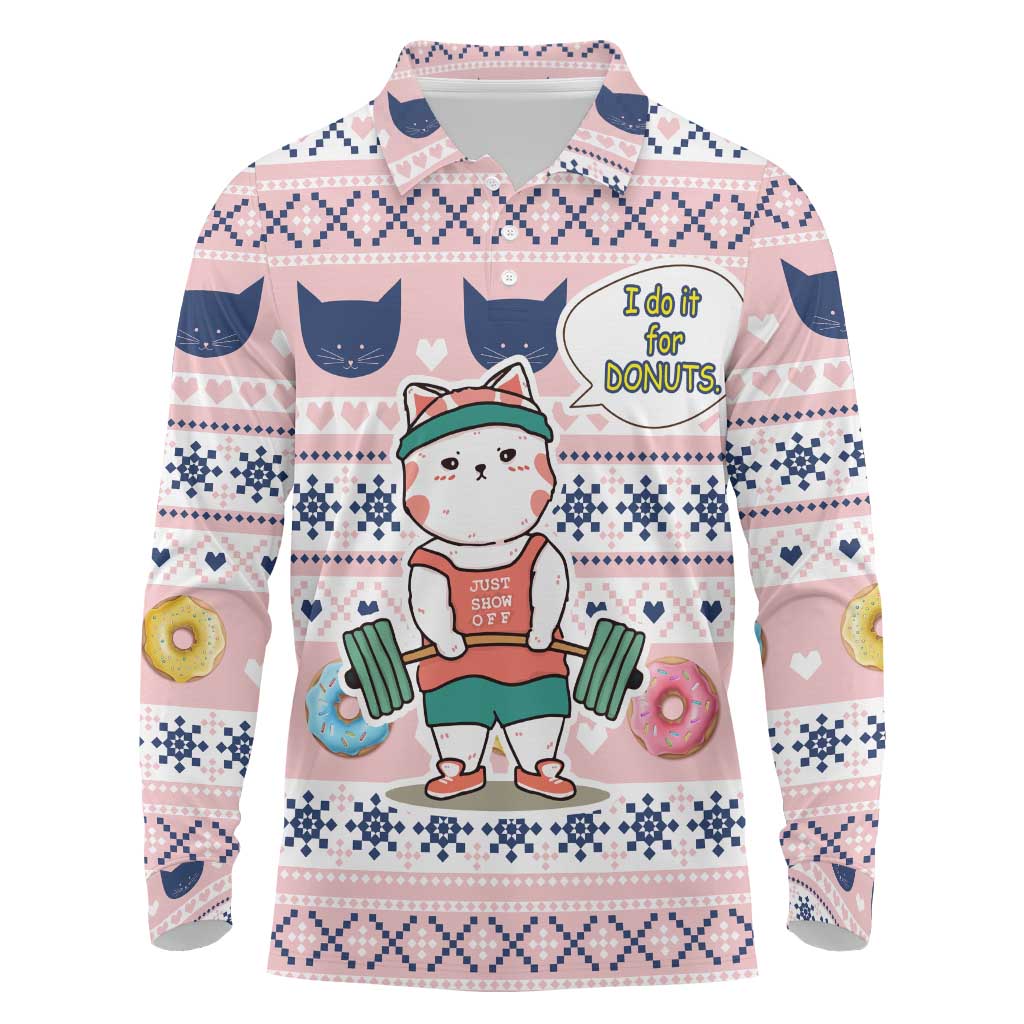 Cat I Do It For Donuts Christmas Long Sleeve Polo Shirt Xmas Holiday Patterns - Wonder Print Shop