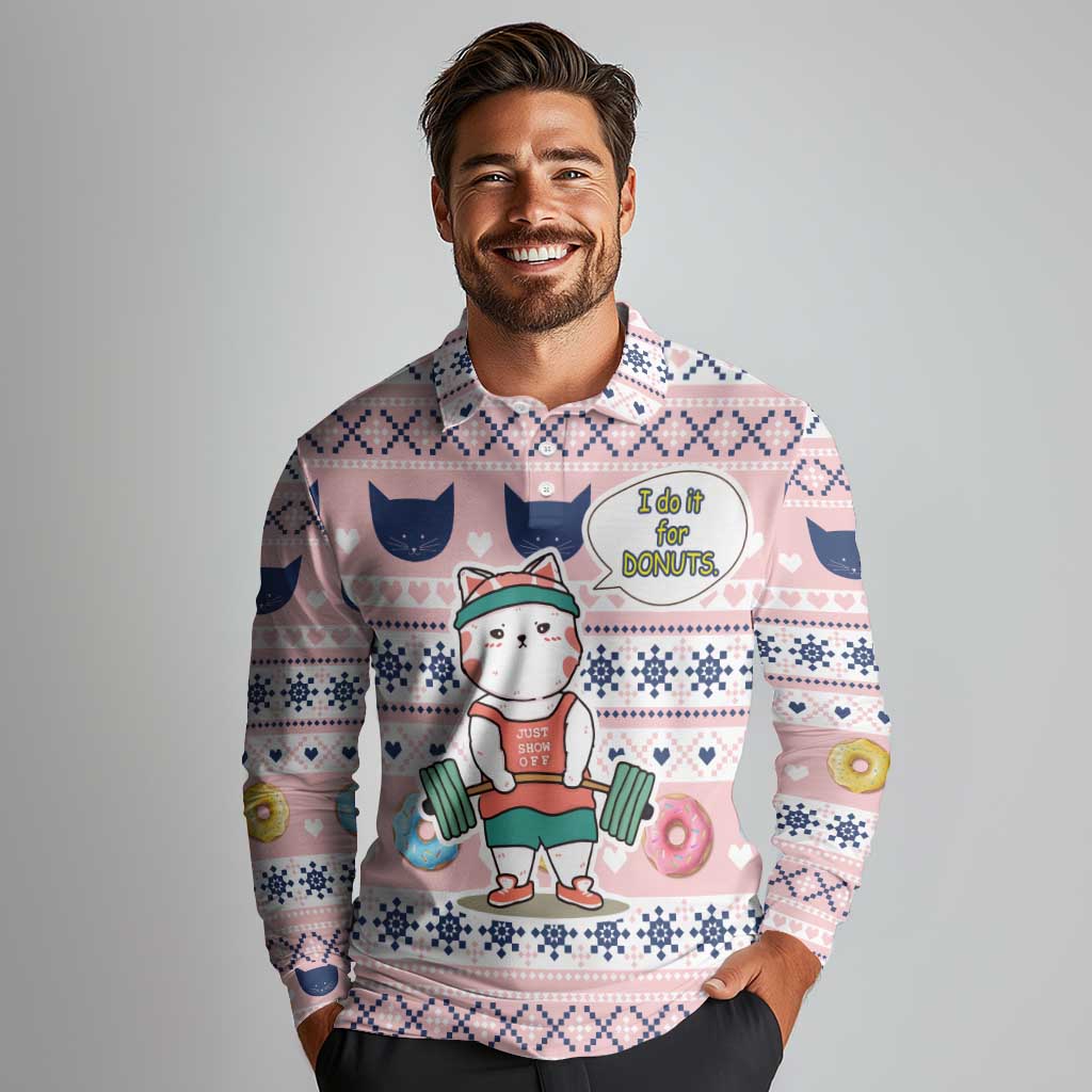 Cat I Do It For Donuts Christmas Long Sleeve Polo Shirt Xmas Holiday Patterns - Wonder Print Shop