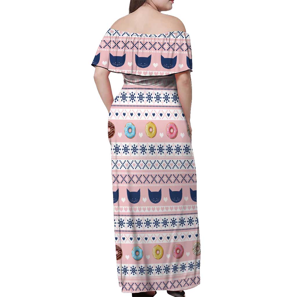 Cat I Do It For Donuts Christmas Off Shoulder Maxi Dress Xmas Holiday Patterns - Wonder Print Shop
