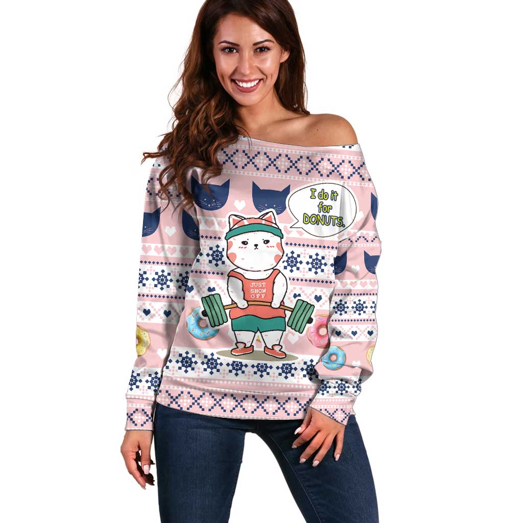 Cat I Do It For Donuts Christmas Off Shoulder Sweater Xmas Holiday Patterns - Wonder Print Shop