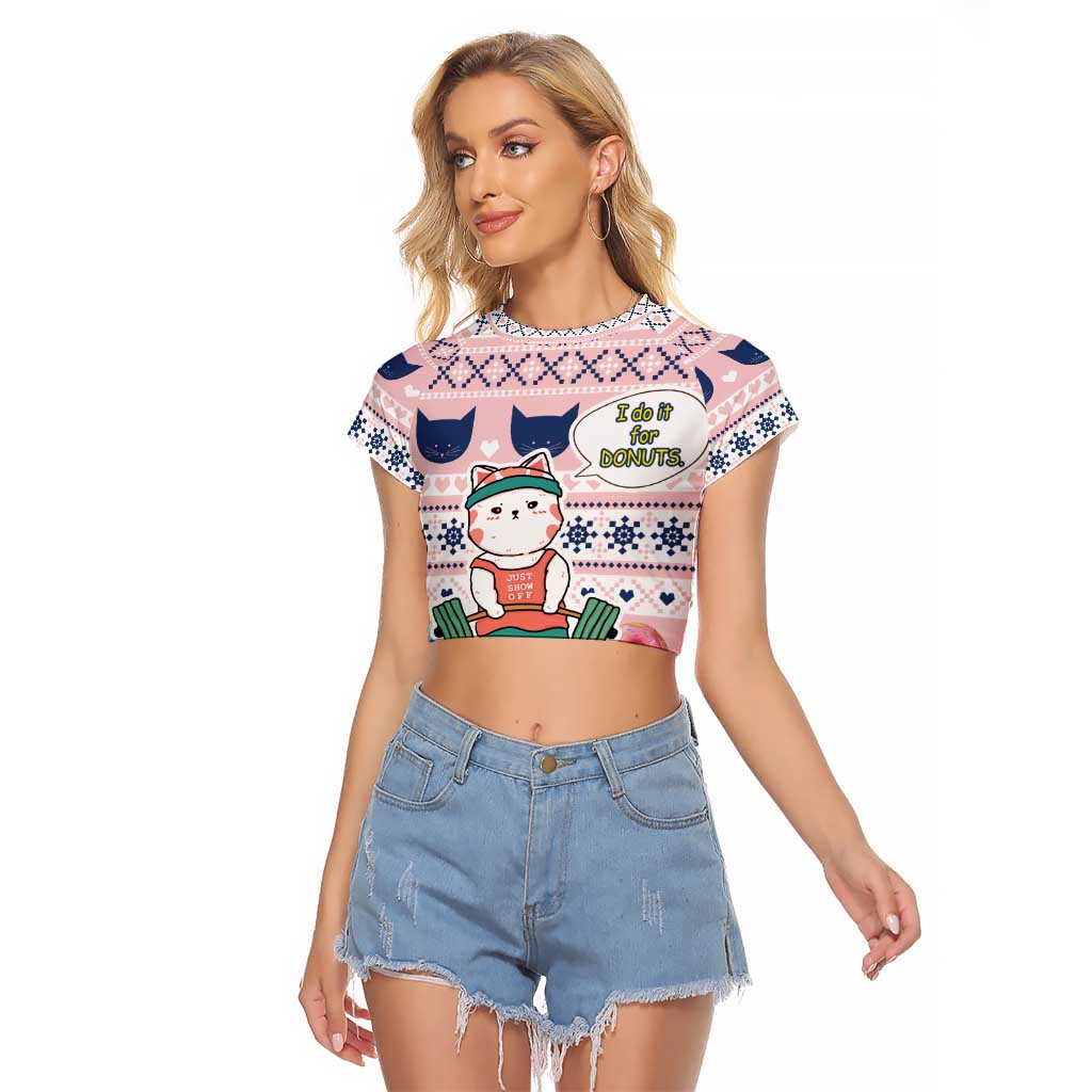 Cat I Do It For Donuts Christmas Raglan Cropped T Shirt Xmas Holiday Patterns - Wonder Print Shop