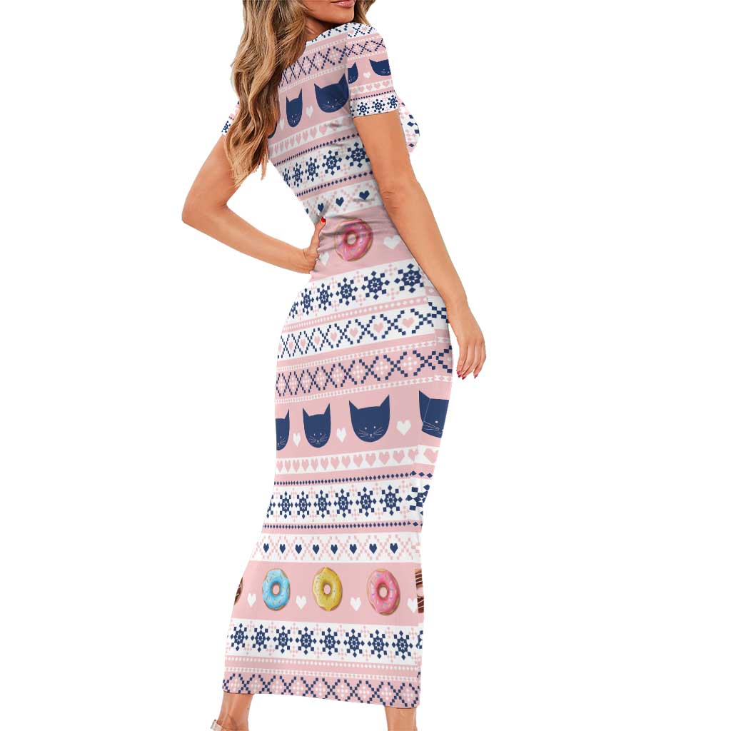 Cat I Do It For Donuts Christmas Short Sleeve Bodycon Dress Xmas Holiday Patterns - Wonder Print Shop