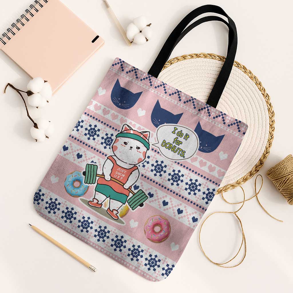 Cat I Do It For Donuts Christmas Tote Bag Xmas Holiday Patterns - Wonder Print Shop
