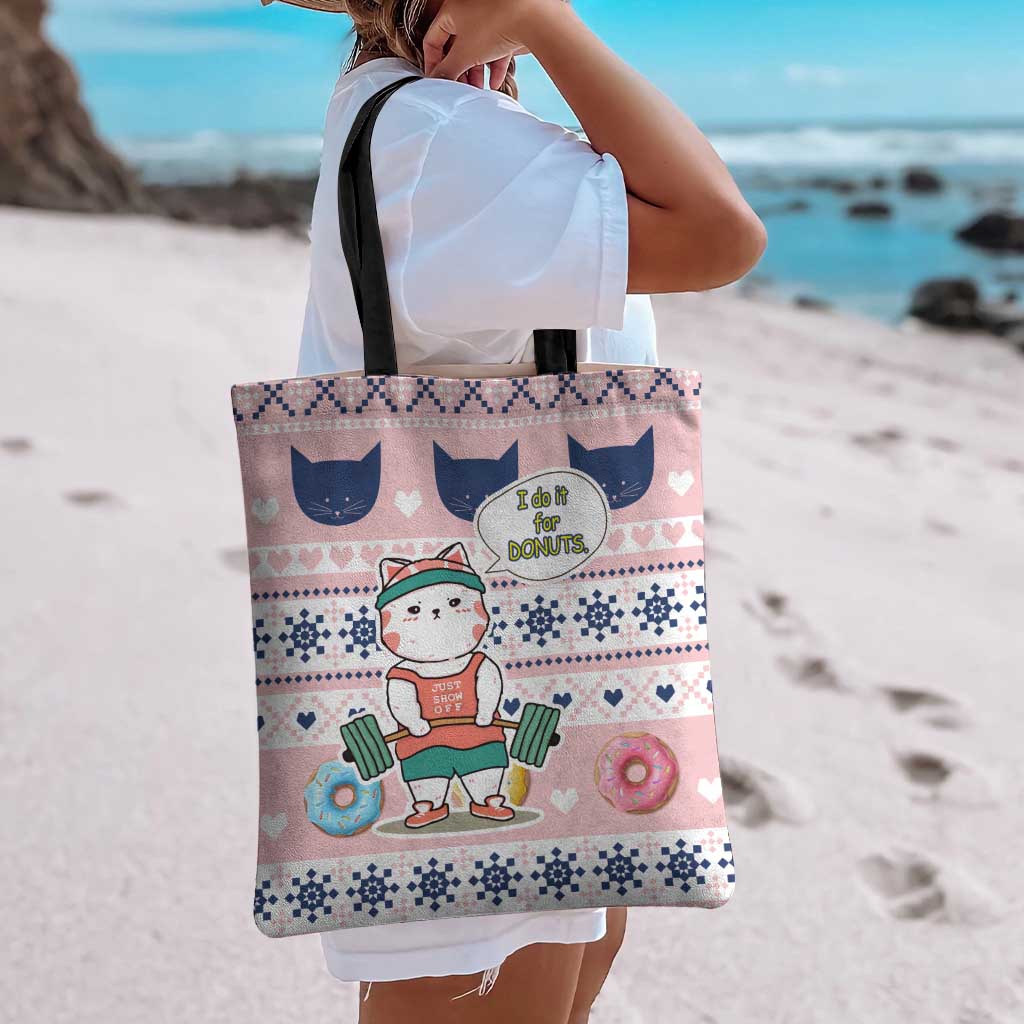 Cat I Do It For Donuts Christmas Tote Bag Xmas Holiday Patterns - Wonder Print Shop