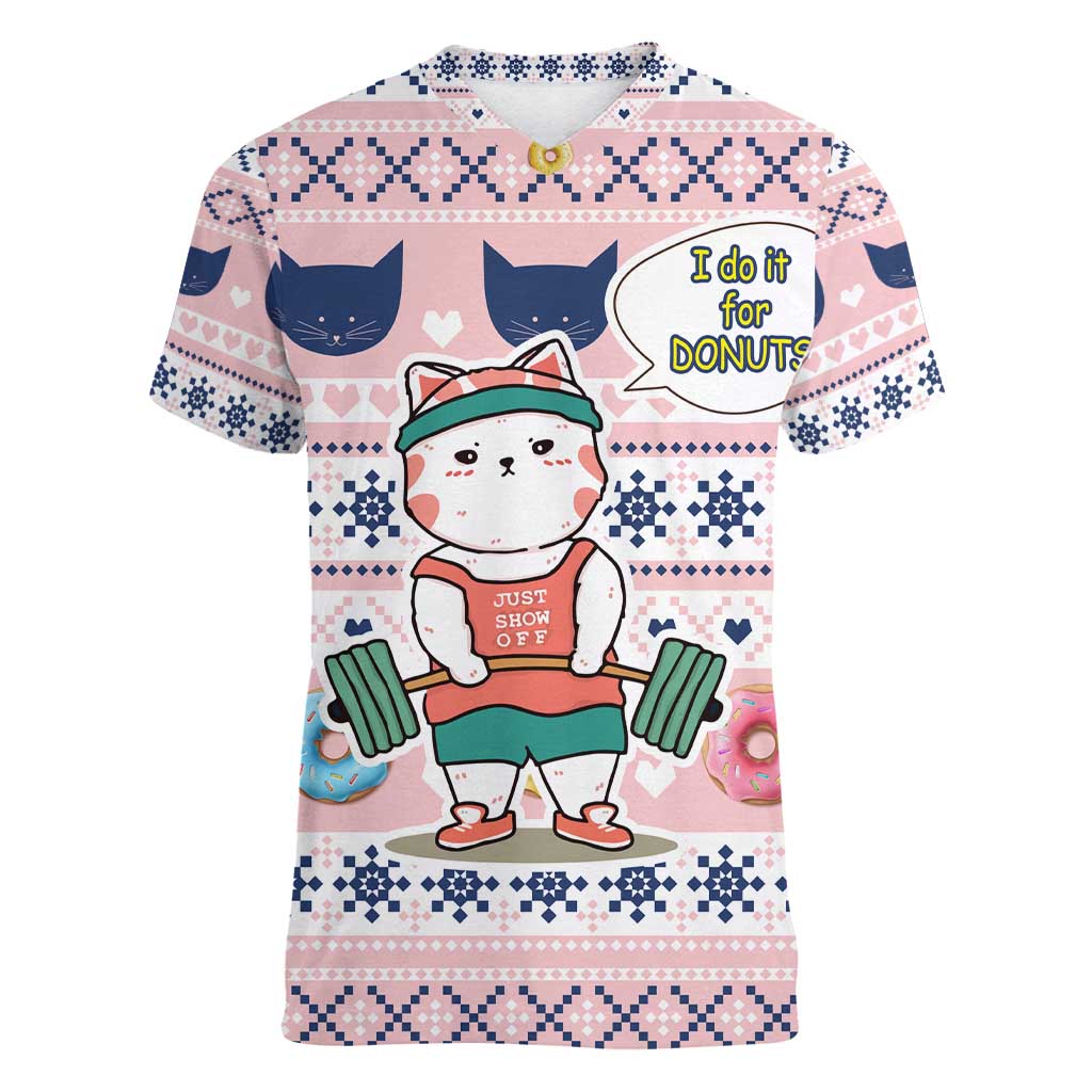 Cat I Do It For Donuts Christmas Women V-Neck T-Shirt Xmas Holiday Patterns - Wonder Print Shop