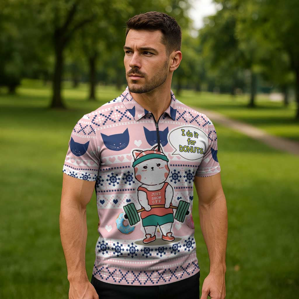Cat I Do It For Donuts Christmas Zipper Polo Shirt Xmas Holiday Patterns - Wonder Print Shop