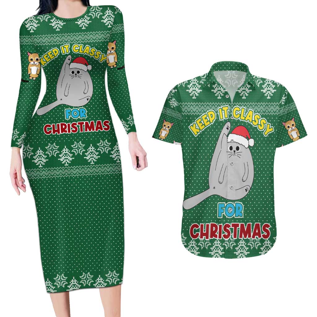 Cat Keep It Classy Christmas Couples Matching Long Sleeve Bodycon Dress and Hawaiian Shirt Xmas Holiday Patterns - Wonder Print Shop