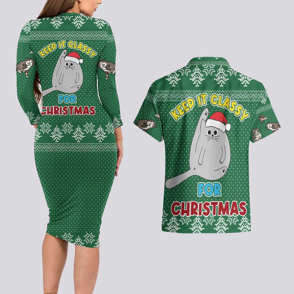 Cat Keep It Classy Christmas Couples Matching Long Sleeve Bodycon Dress and Hawaiian Shirt Xmas Holiday Patterns - Wonder Print Shop